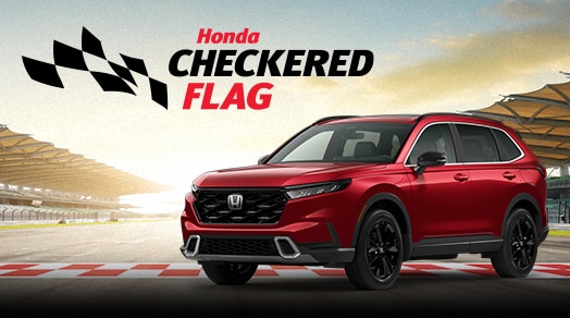 A 2024 Honda CR-V on racetrack with Honda Checkered Flag logo on top left.