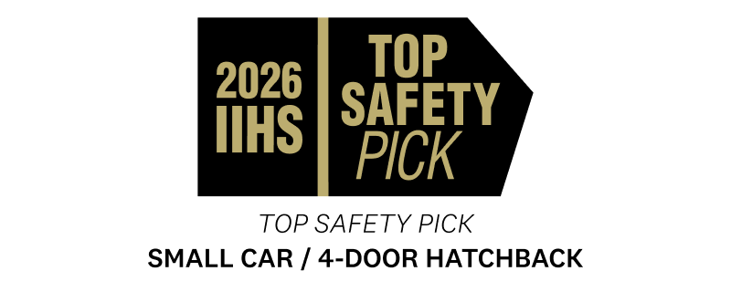 The 2026 IIHS Top Safety Pick award logo for Small Car/4-Door Sedan is shown.