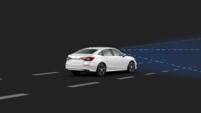 3/4 rear view of white Civic Sedan (for reference). Blue sensor waves and lines emit from the front. 