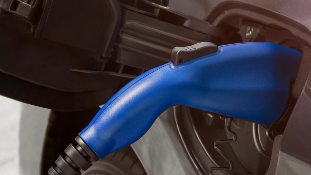 Closeup of blue charging plug in the socket of an electrified vehicle. 