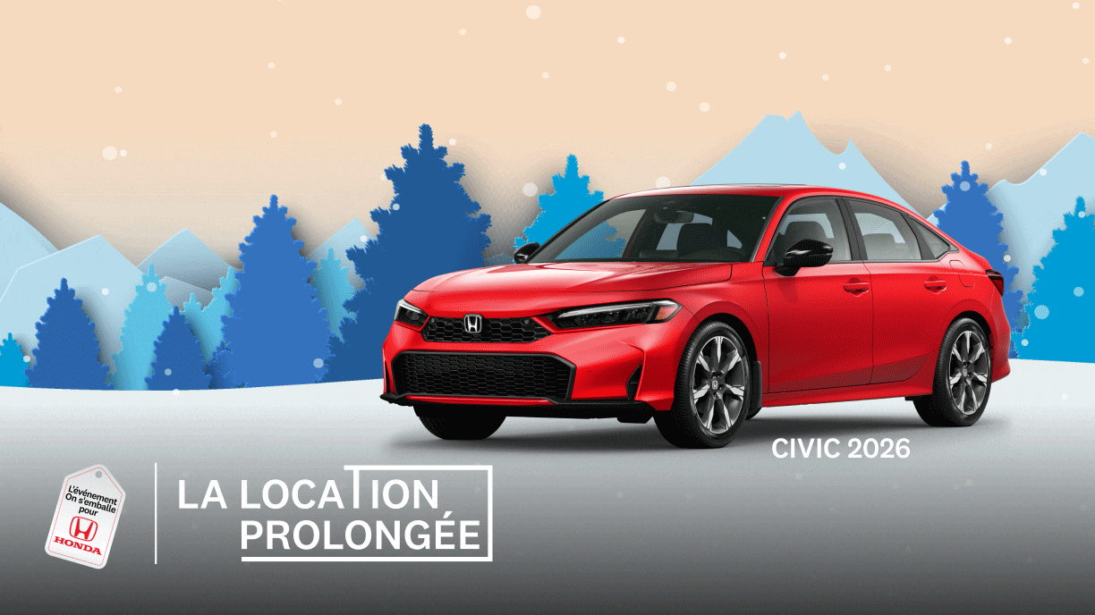 Trois Honda 2026 rouges (Civic Sport Touring hybride, HR-V EX-L, CR-V Touring hybride) apparaissent tour à tour à l'écran, avec en arrière-plan des montagnes et des arbres enneigée.
