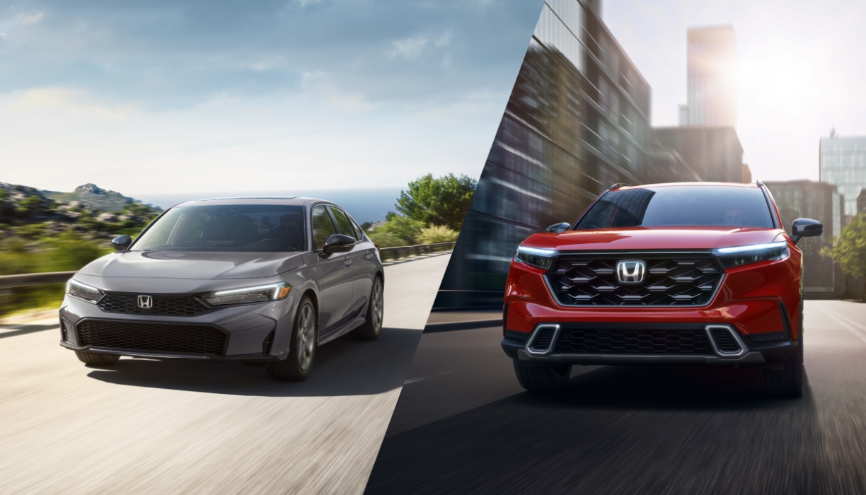 Image en deux parties montrant une Honda Civic hybride grise roulant sur une route panoramique et une Honda CR-V hybride rouge circulant dans une rue en ville.