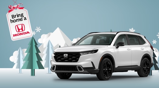 Honda vehicle on graphic winter background. Bring Home A Honda logo tag placed on top left.