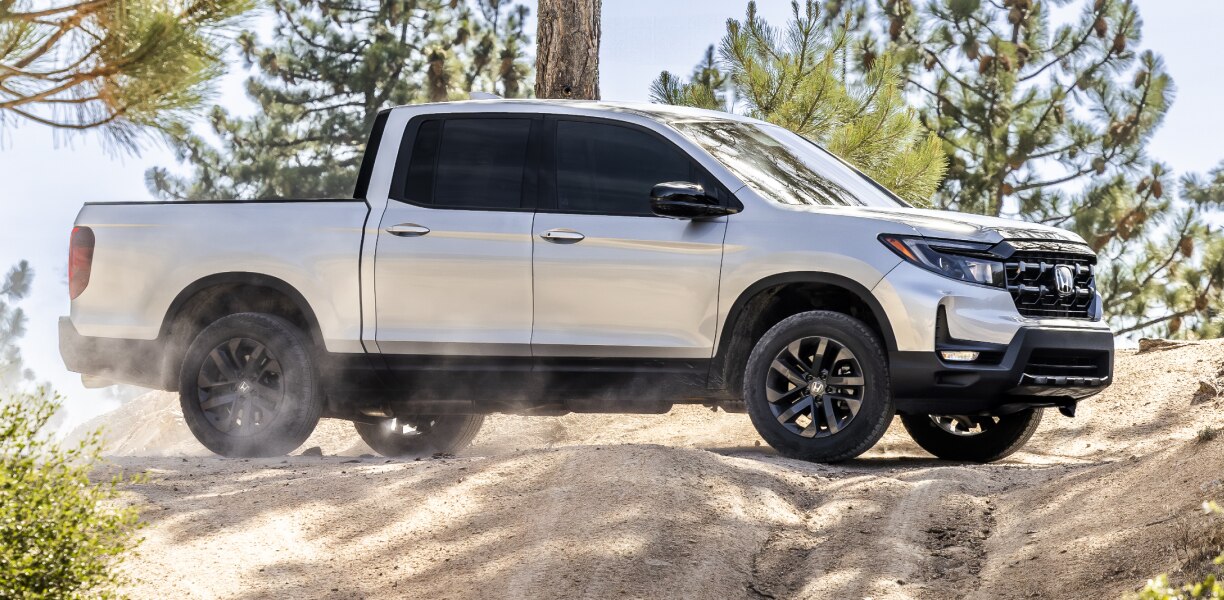 Plan latéral d’un Ridgeline gris dans une région boisée. 