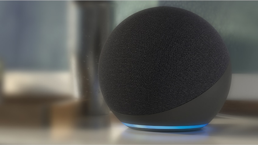 Closeup of Amazon Alexa speaker on a table.