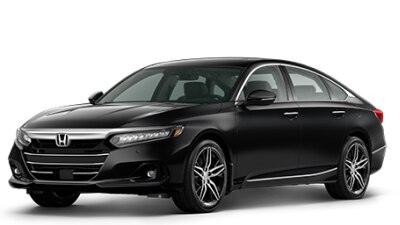 3/4 front view of black Honda Accord on white space. 