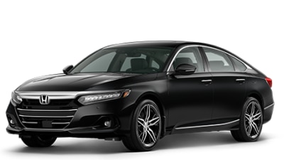 3/4 front view of black Honda Accord on white space.