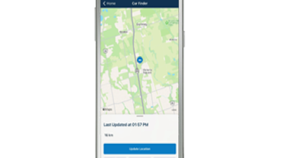 Un téléphone intelligent affichant l’application HondaLink où une épingle est placée sur une carte. 