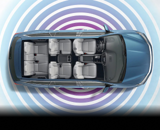 Bird’s eye view of an open roof Honda Pilot on white space with blue and purple Wi-Fi waves emitting radially from it.