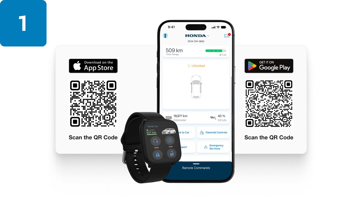 Un téléphone intelligent et une montre intelligente présentant l’application HondaLink. 
