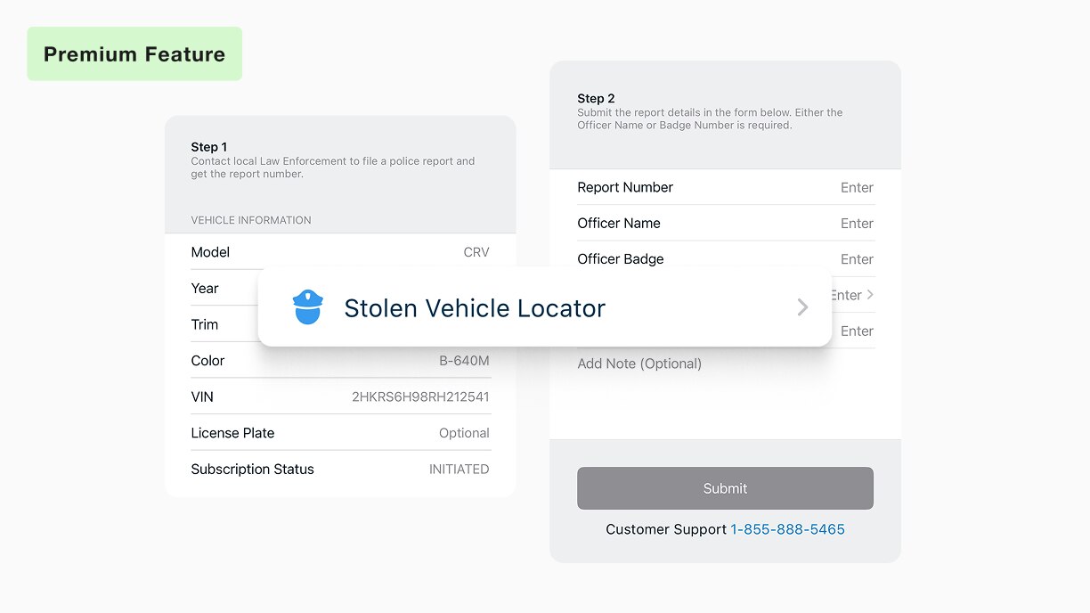Capture d’écran de l’application HondaLink présentant le service de localisation de véhicule volé. 