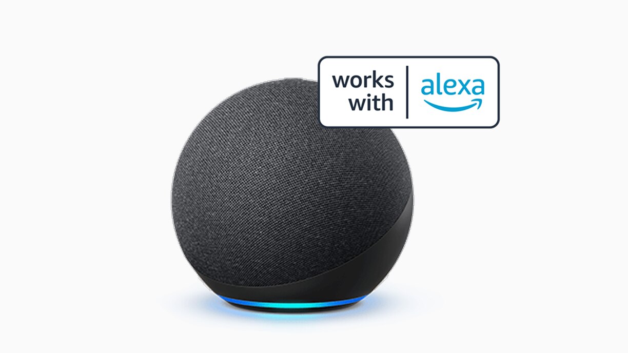 Amazon Echo smart speaker representing Alexa voice assistant. 