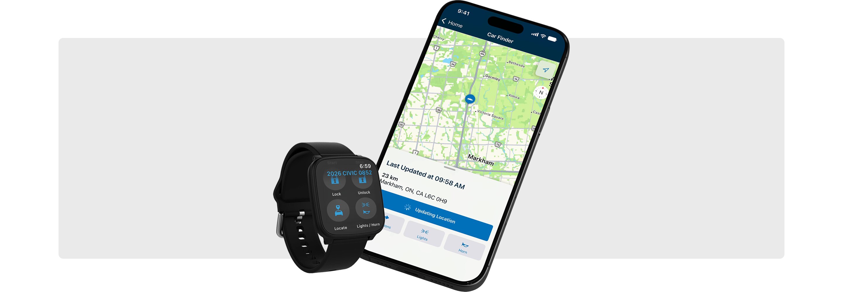 Un téléphone intelligent et une montre intelligente présentant l’application HondaLink. 