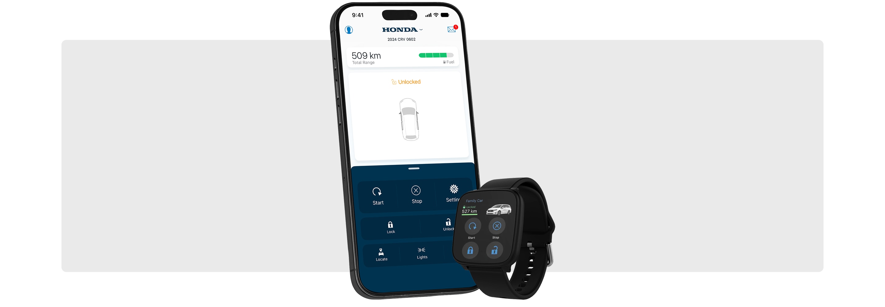 Un téléphone intelligent et une montre intelligente présentant l’application HondaLink.