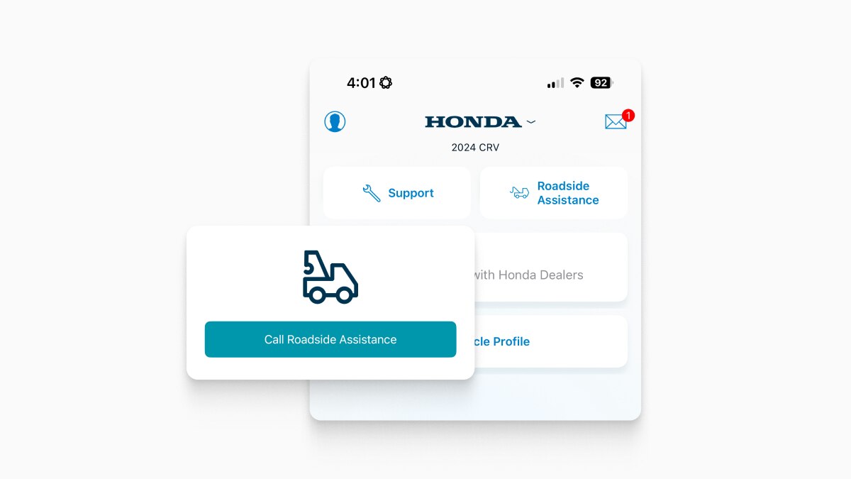Capture d’écran de l’application HondaLink montrant le service d’assistance routière. 