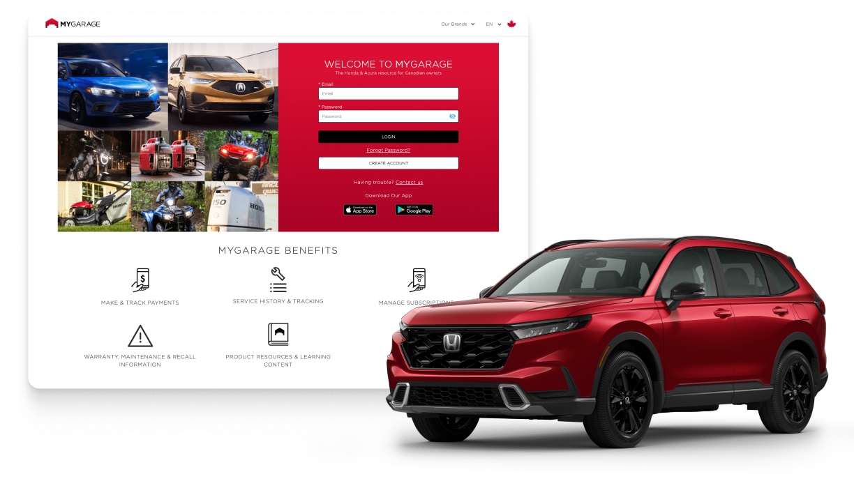 Screencapture of the MyGarage homepage alongside a Honda vehicle image.