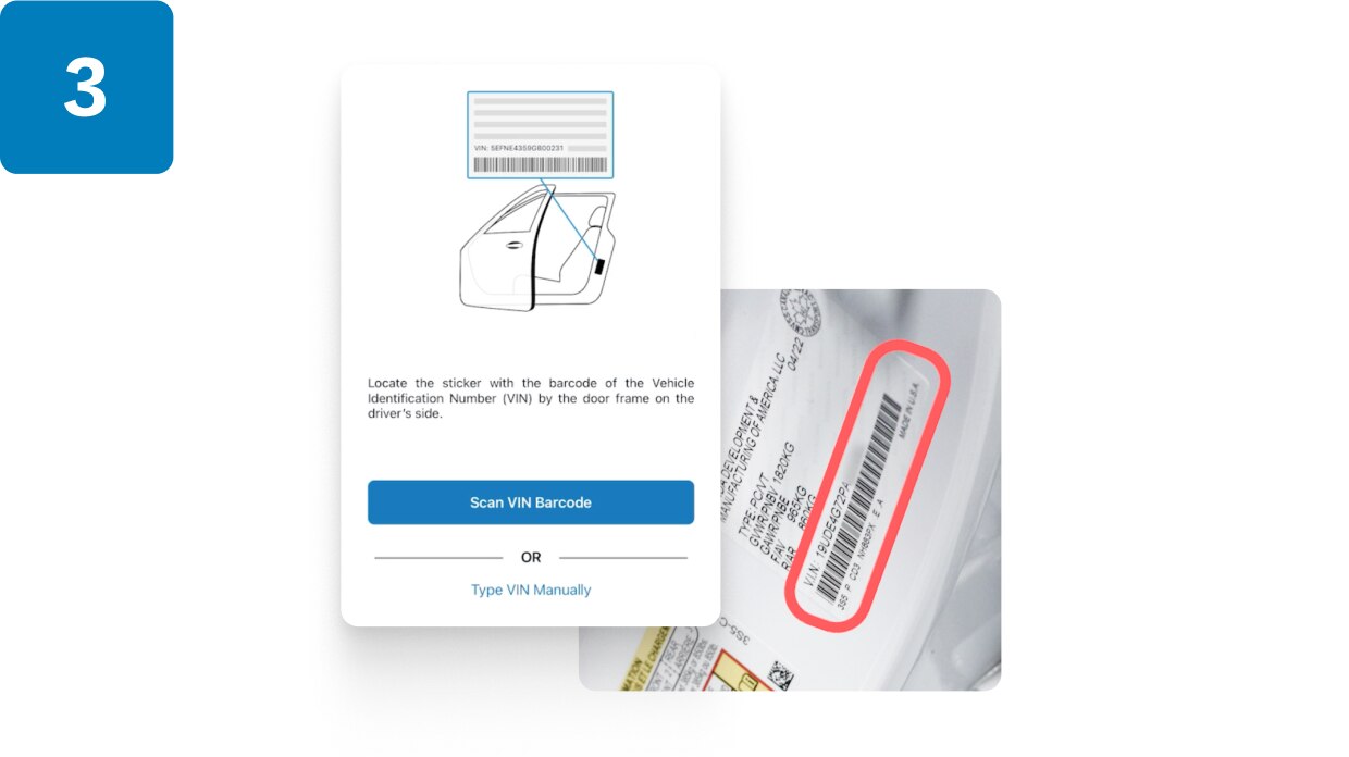 Capture d’écran de l’application HondaLink superposée à l’image du numéro d’identification du véhicule (NIV) d’un véhicule Honda. 