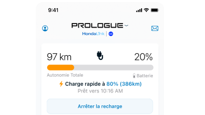 Gros plan d’un téléphone intelligent. Sur l’écran du téléphone intelligent apparaît la page de diagnostic du Prologue.  Les statistiques indiquent une charge de batterie de 20 % et une autonomie restante de 97 km.