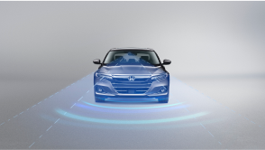 Front view of grey Accord on white space. Blue sensor lines and waves emit from the front.