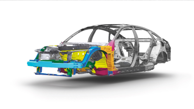 Plan de trois quarts avant de la structure de carrosserie d’une Accord sur fond blanc.
