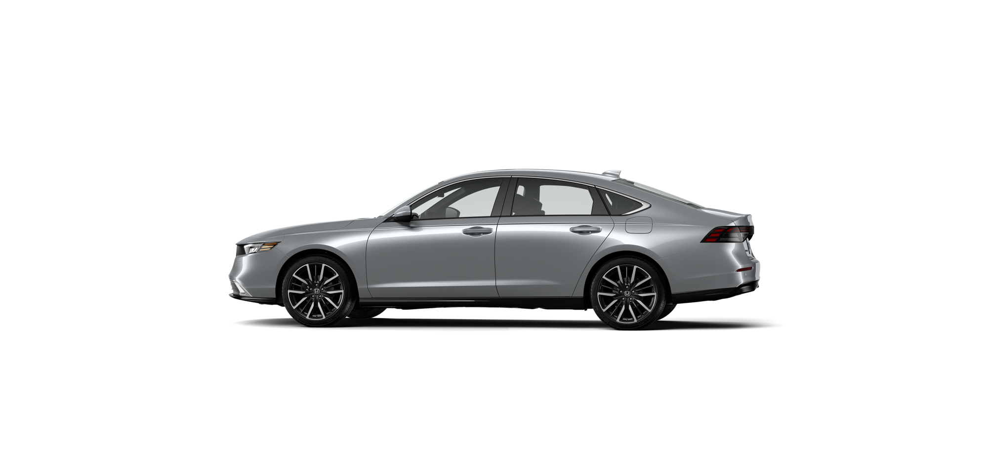Side driver-side view of 2025 Accord Touring Hybrid in Solar Reflection Silver Metallic colour on white space. 