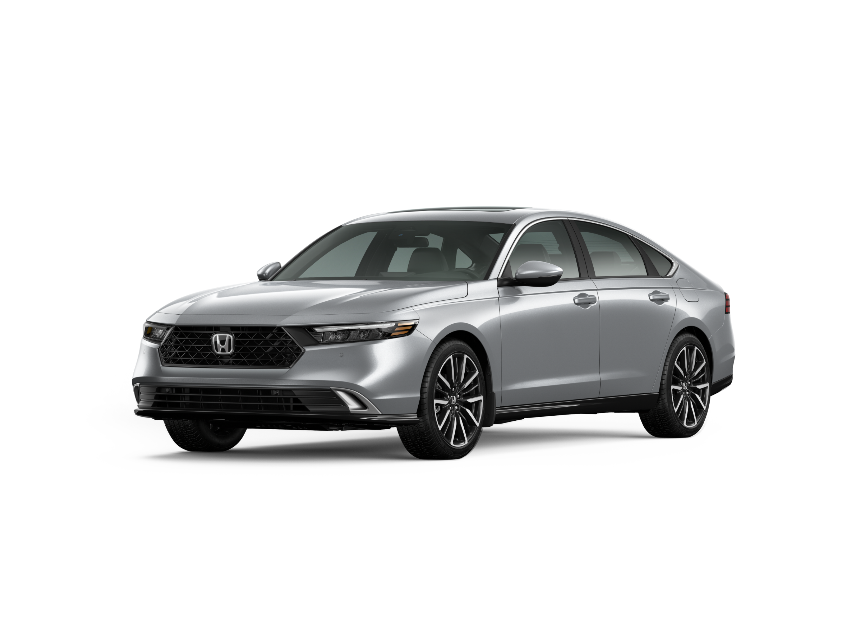 ¾ driver side front facing view of 2025 Accord Touring Hybrid model in Solar Silver Metallic colour