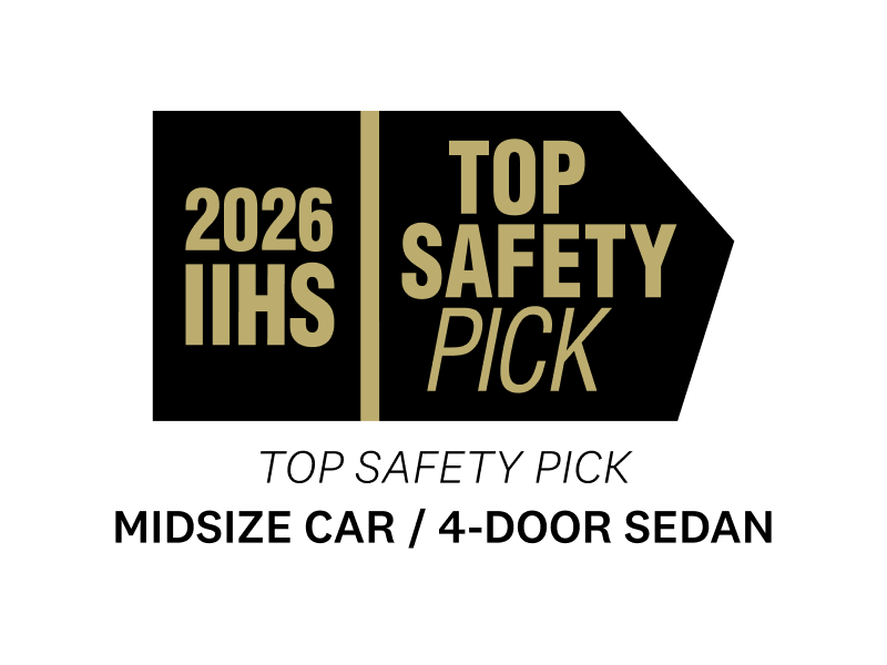 The 2026 IIHS Top Safety Pick+ award logo for Midsize Car/4-Door Sedan is shown.