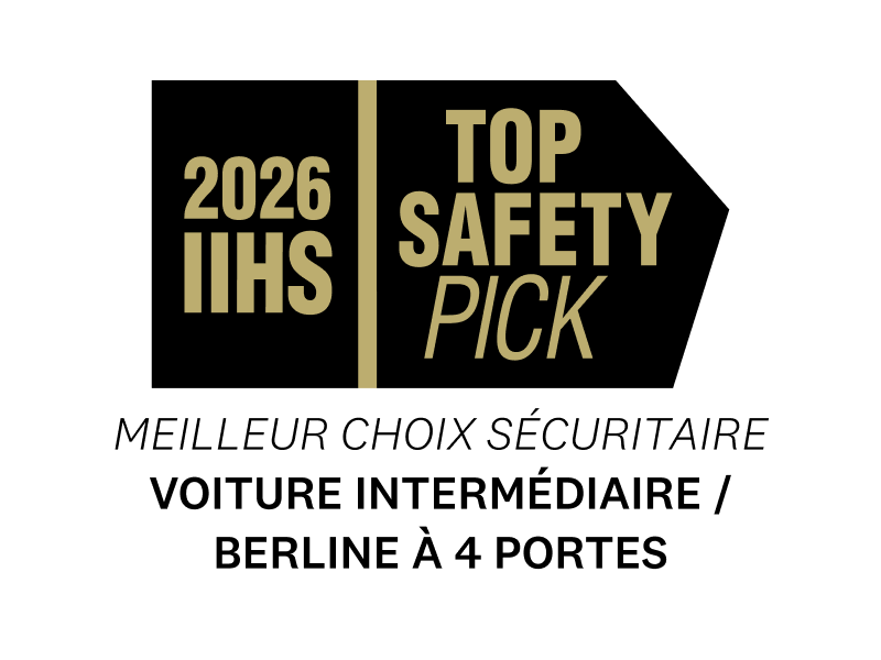 Logo du prix du Meilleur choix sécuritaire+ 2026 de l'IIHS pour les berlines 4 portes intermédiaires montré.