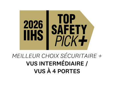 Le logo du prix du Meilleur choix sécuritaire 2026 de l'IIHS pour le VUS intermédiaire/4 portes est montré.