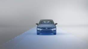 Front view of grey Civic Hatchback. Blue sensor waves and lines emit from the front. 