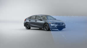 3/4 front view of grey Civic Hatchback. Blue sensor waves and lines emit from the front.