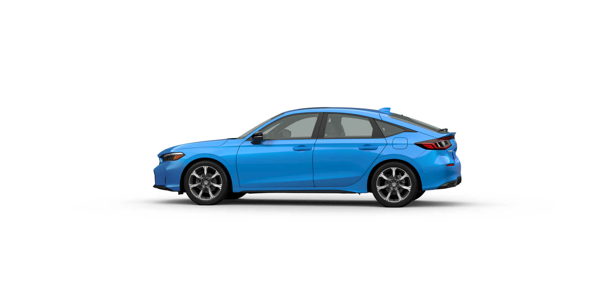 Side driver-side view of 2025 Civic Hatchback Sport Touring Hybrid  in Boost Blue Pearl colour on white space.