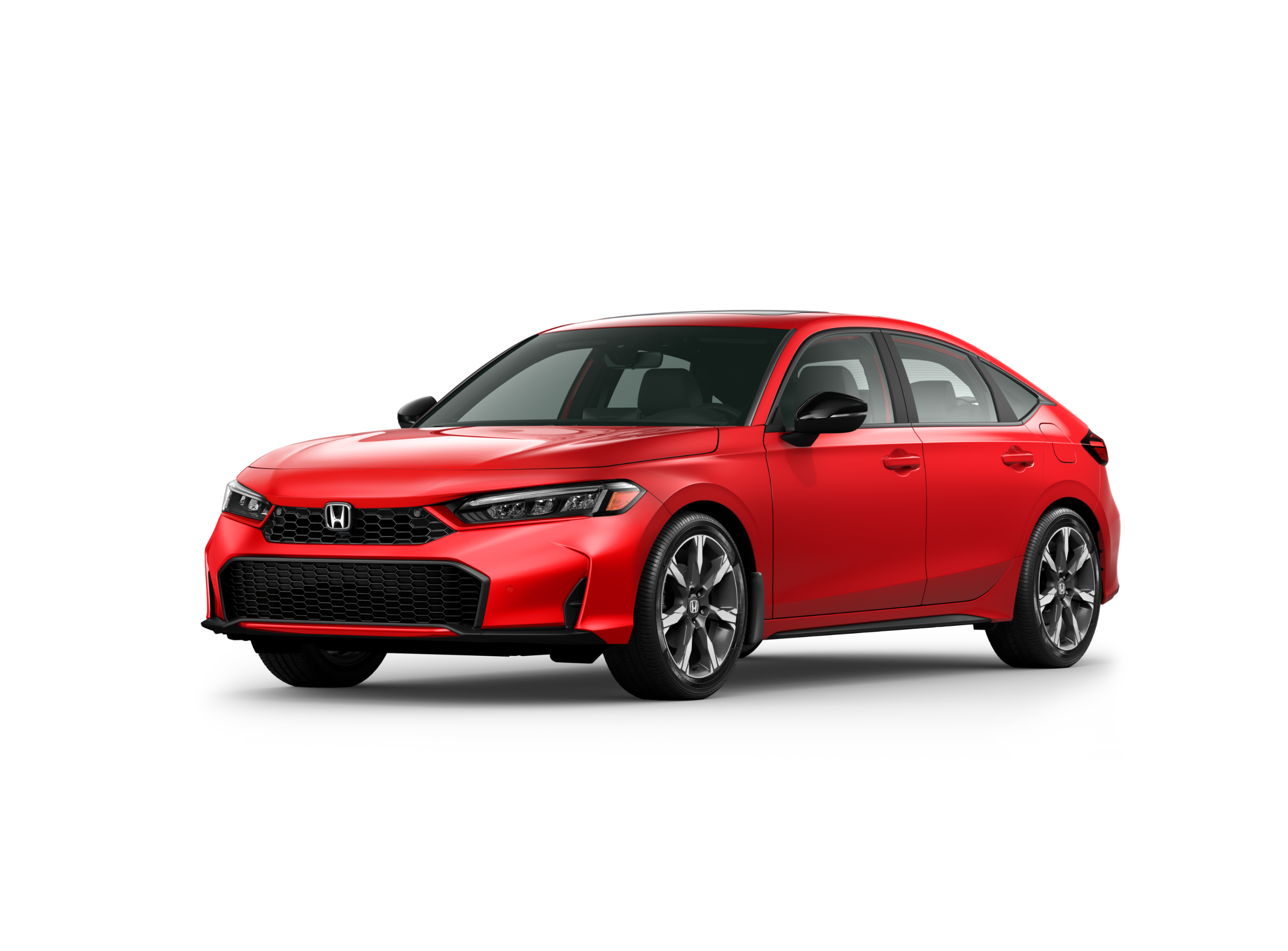 Vue ¾ avant côté conducteur du modèle Civic à hayon Sport Hybride Touring 2026 en rouge ralley