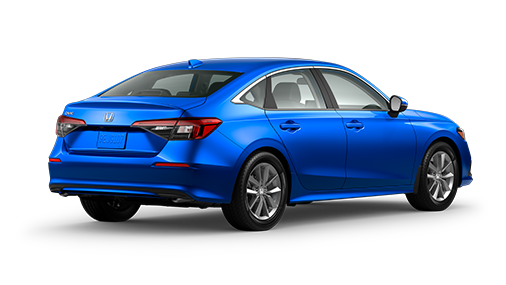 ¾ driver side front facing view of 2023 Civic Sedan EX model in Aegean Blue Metallic colour