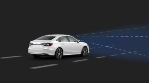 3/4 rear view of white Civic Sedan. Blue sensor waves and lines emit from the front.