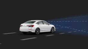 3/4 rear view of white Civic Sedan. Blue sensor waves and lines emit from the front. 