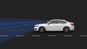Side view of white Civic Sedan. Blue sensor waves and lines emit from the front. 