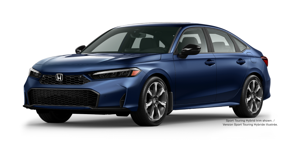 3/4 front view of blue Civic Sedan on white space.