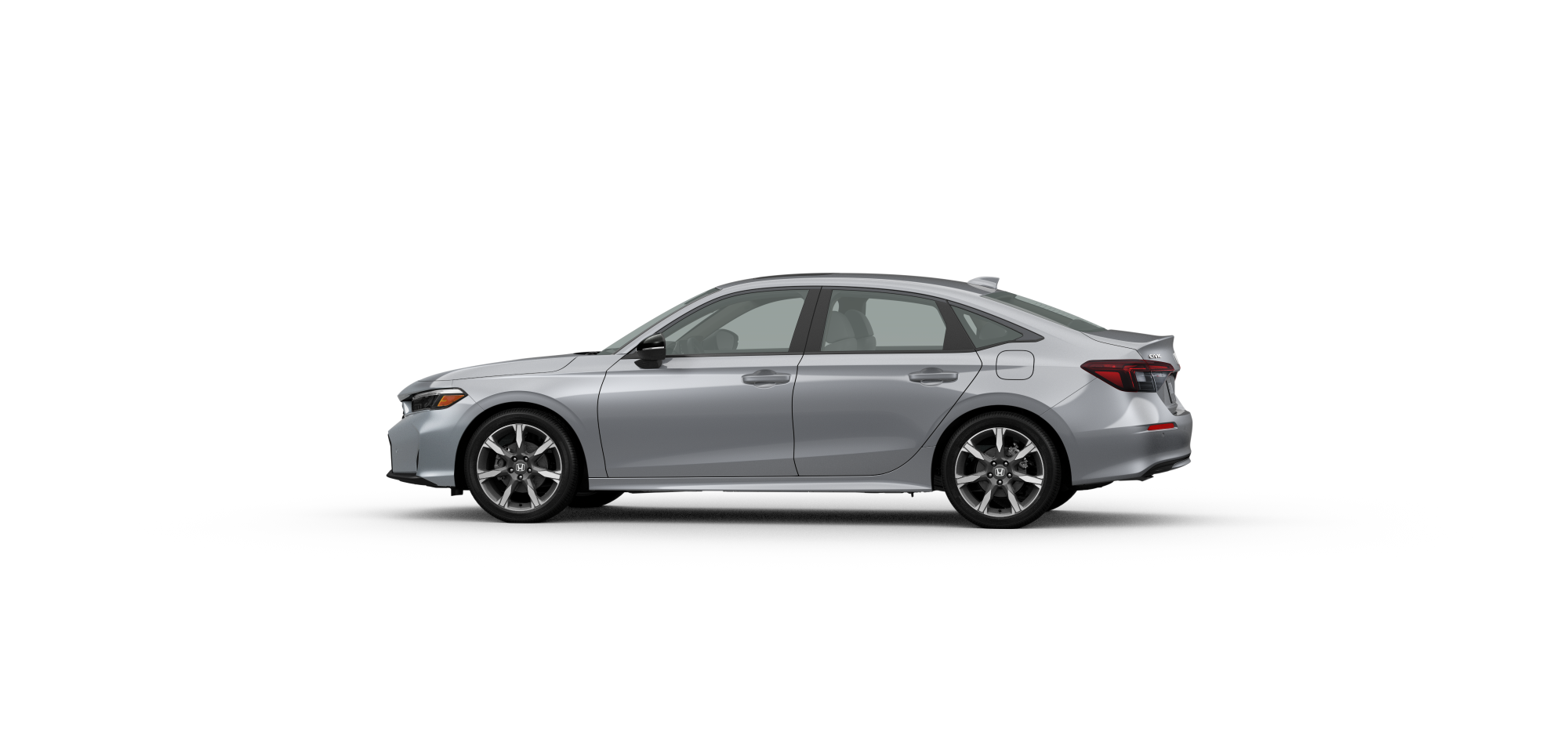 Side driver-side view of 2025 Civic Sedan Sport Touring in Solar Reflection Silver Metallic colour on white space. 