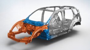 3/4 front view of Civic Sedan body structure on white space.