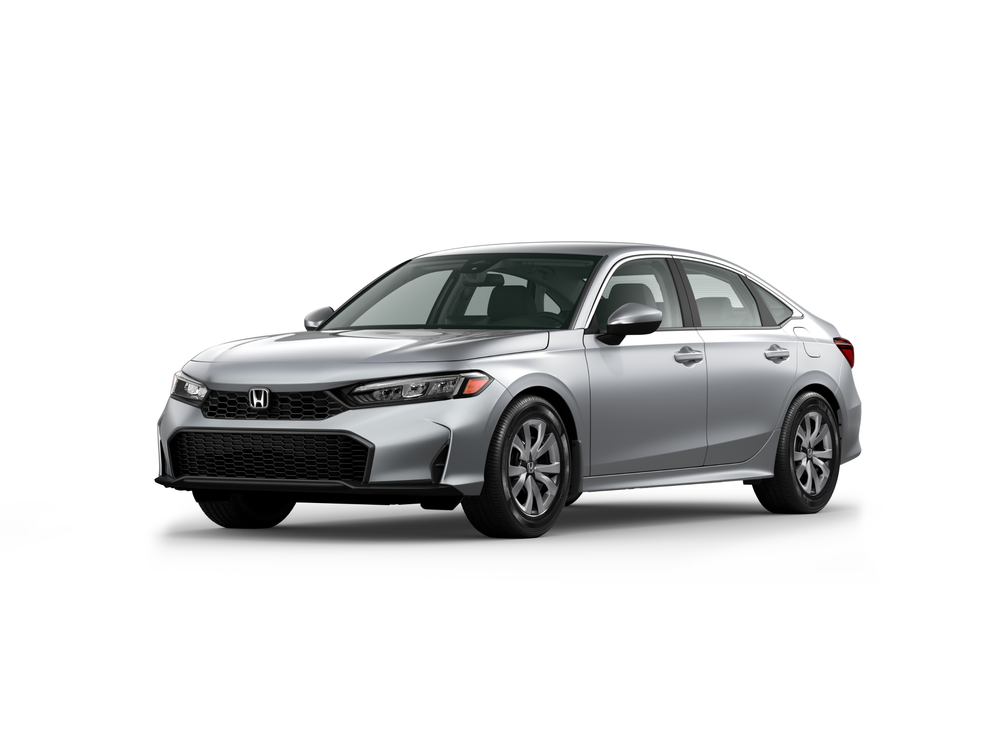 Vue ¾ avant côté conducteur du modèle Civic berline LX 2025 en reflet solaire argent métallisé