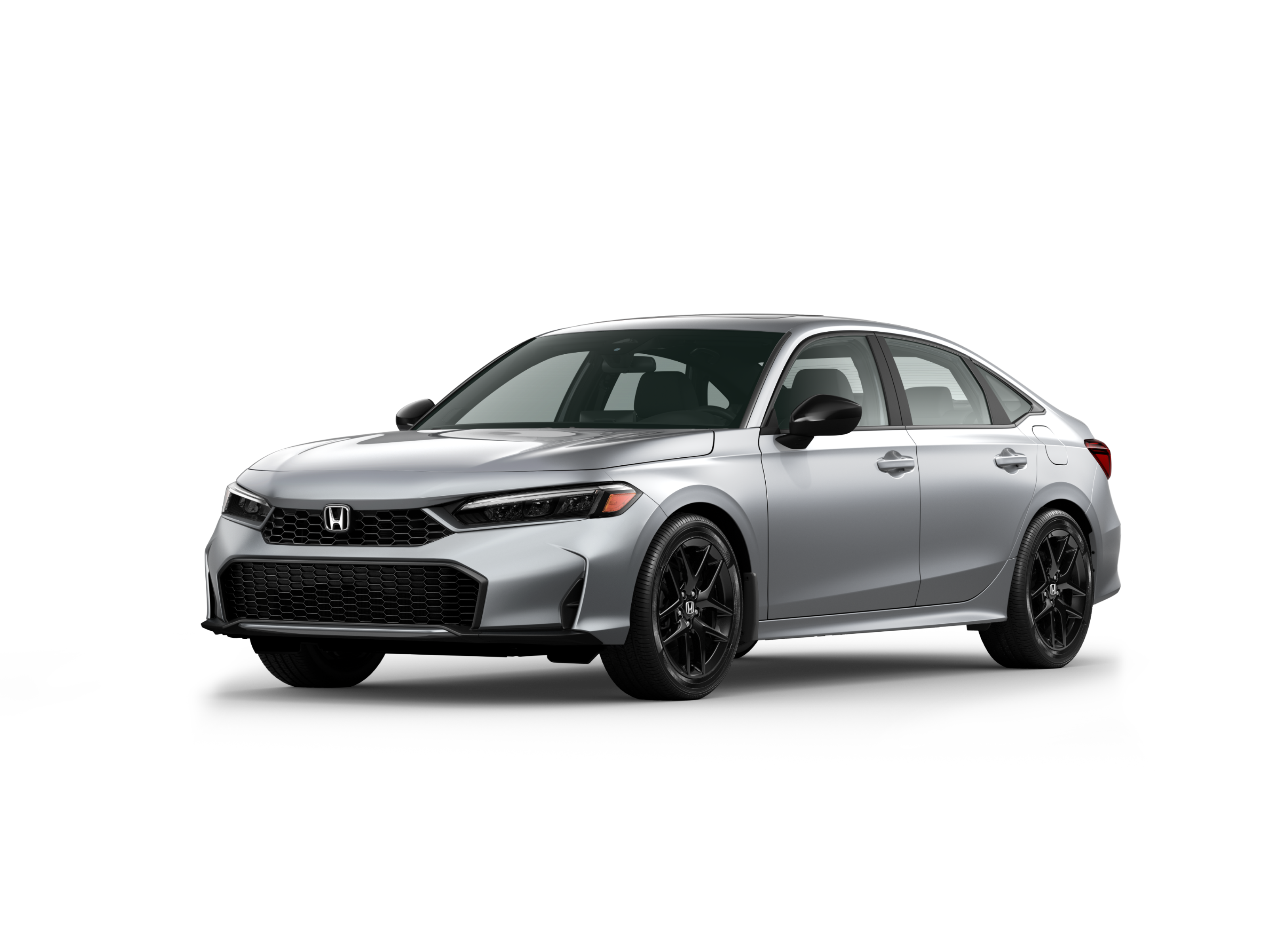 Vue ¾ avant côté conducteur du modèle Civic berline Sport hybride 2025 en reflet solaire argent métallisé