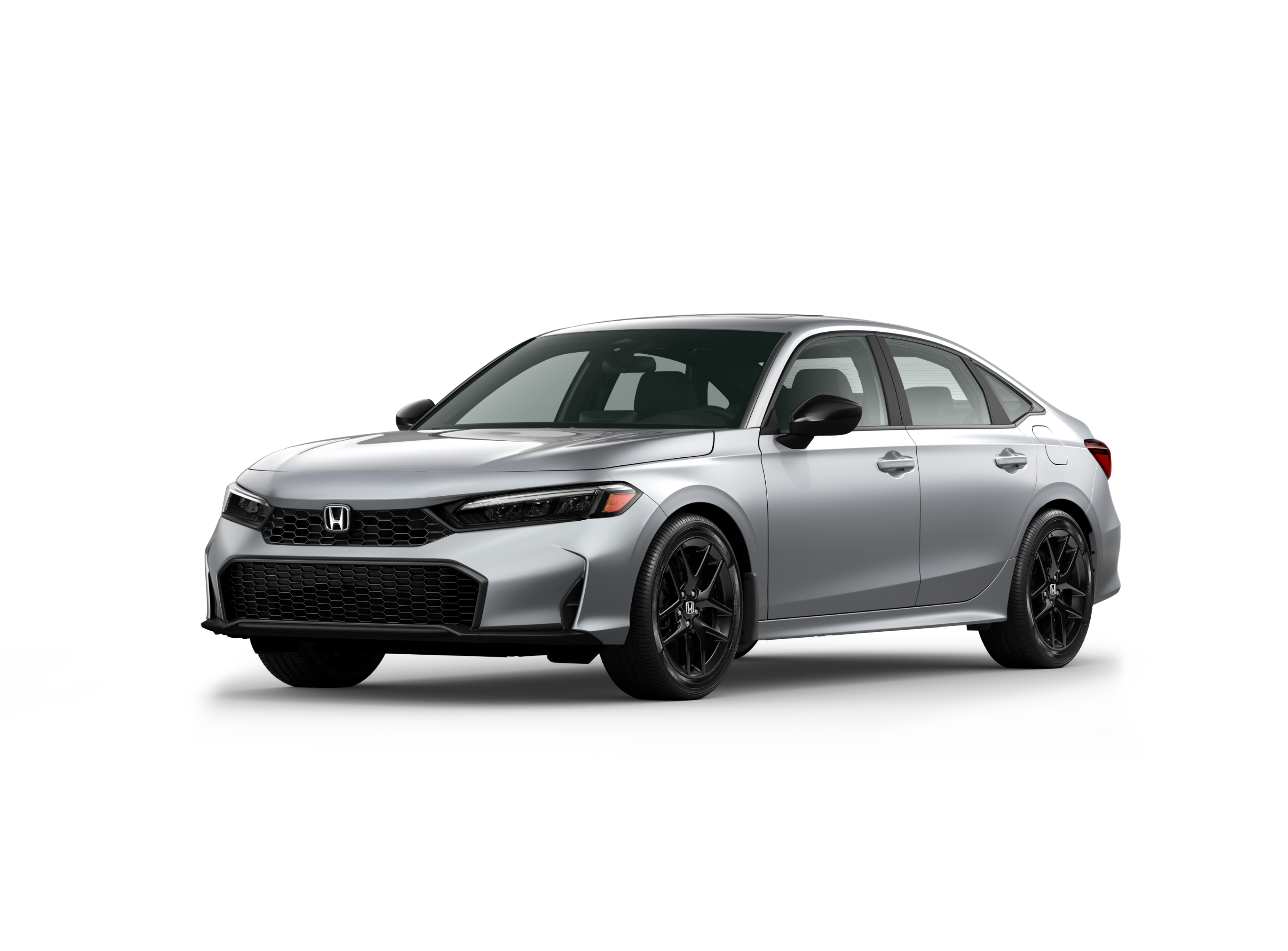 Vue ¾ avant côté conducteur du modèle Civic berline Sport 2025 en reflet solaire argent métallisé