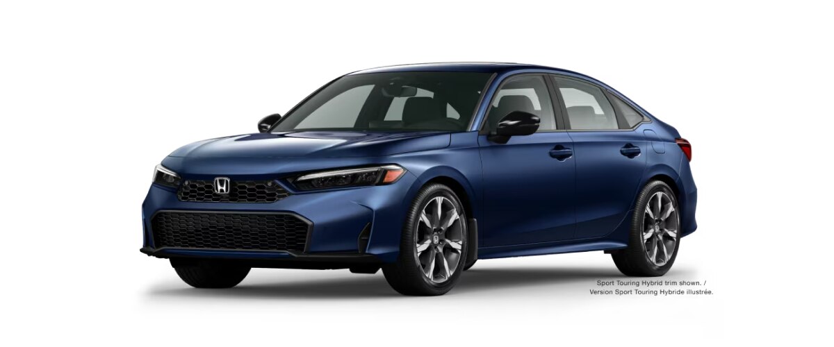 3/4 front view of blue Civic Sedan on white space.