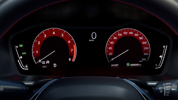 Closeup of TFT Driver Meter Display showing tachometer, speedometer, odometer, etc. 