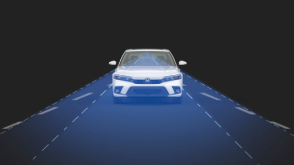 Front view of white Civic Sedan (for reference). Blue sensor waves and lines emit from the front. 