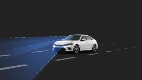 3/4 front view of white Civic Sedan (for reference). Blue sensor waves and lines emit from the front.