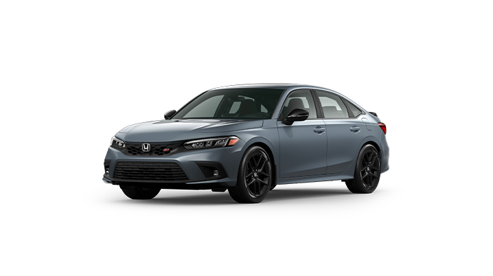 ¾ driver side front facing view of 2023 Civic Sedan Si model in Sonic Grey Pearl colour