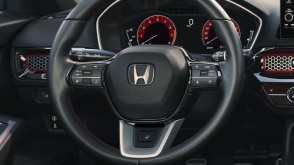 Closeup of steering wheel.