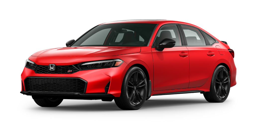 3/4 front view of red Civic Si on white space.